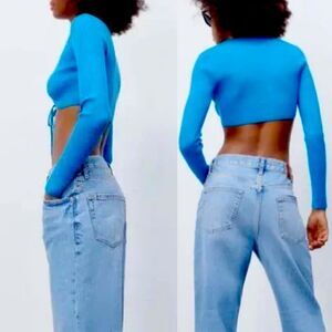 Zara ribbed cut out long sleeve knit neon blue sweater sexy crop top Y2K - M
